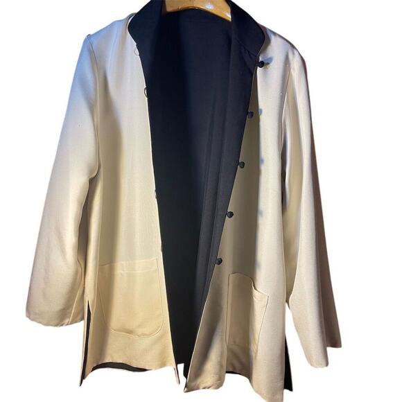 Anne Namba minimalist Unisex Black Ivory Silk Reversible Mandarin Jacket Sz L - Picture 5 of 12